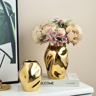 北歐輕奢創意金色簡約陶瓷花瓶家居客廳裝飾品美式插花器擺件飾品