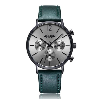 ☆貝露卡☆ 正韓國品牌 JULIUS 大圓框簡單真三眼日曆車線皮帶手錶 綠 預購