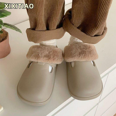 韓版簡約復古可拆卸棉拖鞋女 冬季室內外穿保暖防水勃肯鞋 半包頭拖鞋