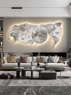 地圖世界地圖客廳裝飾畫現代輕奢沙發背景墻大氣掛畫高檔創意時鐘壁燈掛圖