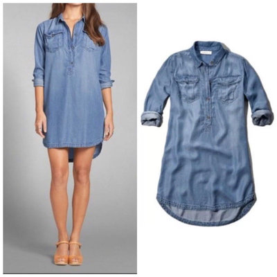 Miolla 美國品牌Abercrombie&amp;Fitch 洗水藍柔細天絲棉翻蓋口袋襯衫式牛仔洋裝
