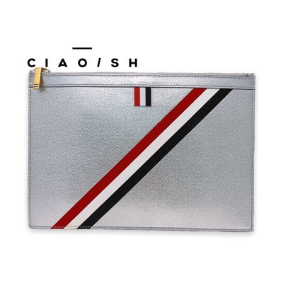 CIAO/SH 名牌精品店 Thom Browne 銀色牛皮斜紋彩帶內裏紅白藍滿版緞布收納包