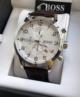 HUGO BOSS Aeroliner 白色面錶盤 棕色真皮皮革錶帶 石英 三眼計時 男士手錶 1512447