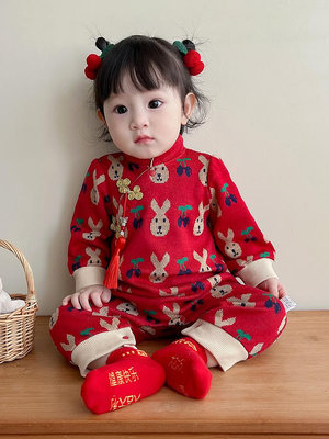 居家特價~中式嬰兒衣服秋裝寶寶滿月百天周歲禮服秋冬連體衣唐裝旗袍哈衣紅