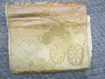 日本和服腰帶-金色菊花百花車柄袋帶-六通(JD-925-Y)
