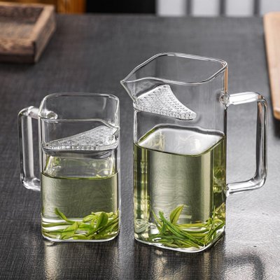 方形月牙杯家用帶把綠茶杯加厚耐高溫月牙杯帶過濾玻璃杯分茶器