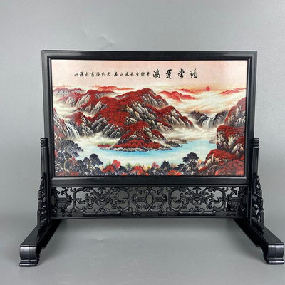 爆款 熱賣 中國風特色漆器工藝品瓷板畫插屏中式仿古小屏風桌面裝飾 擺件 桌屏 快速出貨