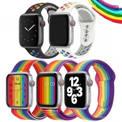 gaming微小配件-彩虹錶帶 Apple Watch S4 5 6 SE 40mm 44mm 蘋果手錶矽膠錶帶 彩色錶帶 金屬錶帶 尼龍腕帶-gm