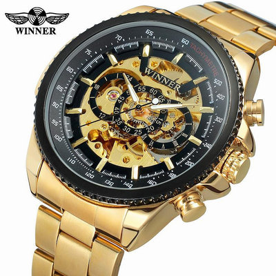現貨男士手錶腕錶新款 winner 男士時尚休閑鏤空機械機芯 大錶盤金錶自動機械手錶