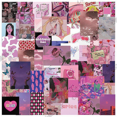 50張ins粉色少女蒸汽波電腦貼紙復古海報手機殼ipad裝飾貼畫防水-心願便利店