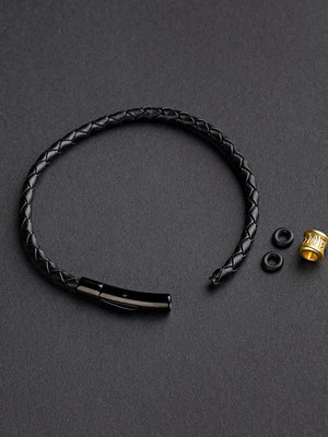 皮繩手鏈DIY可穿3D硬金替換黃金轉運珠真皮編織粗手繩黑色半成品~沁沁百貨