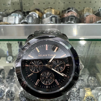 【金台鐘錶】RELAX TIME 炫目耀眼三眼 時尚腕錶 3.8cm 玫瑰金x黑 (小) R0800-16-10