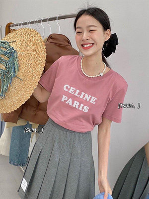 【小鹿甄選】CELINE 植絨字母logo粉色短袖T恤女2022春夏新款法式