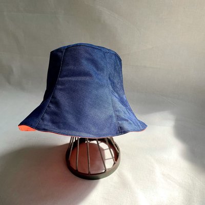 手工自製 Blue Orange buckle Hat 純棉藍牛仔布/ 橘斜紋布 雙面戴 漁夫帽 不分性別 男女可戴