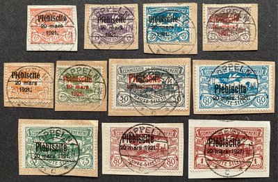 德國上西利西亞（現分屬波蘭和捷克）1921年加蓋＂Plebiscite＂舊11全皆全戳剪片，背皆有2個保真戳，品相如圖實物。