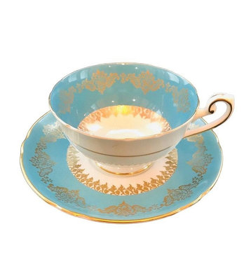 英國雪萊Shelley寬口蒂凡尼藍描金骨瓷杯盤