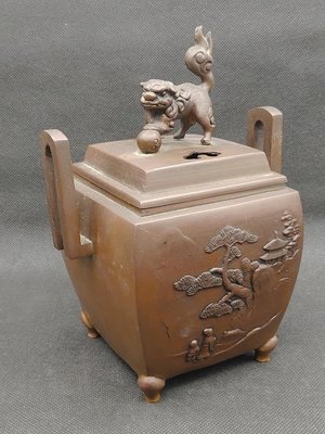 【啟秀齋】日本老件 狛犬沖耳鑄銅香爐 重1.4公斤 懷舊復古老派老東西