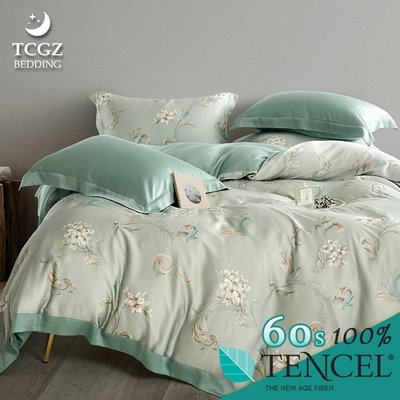 §同床共枕§TENCEL100%60支天絲萊賽爾纖維 雙人5x6.2尺 鋪棉床包舖棉兩用被四件式組-枕花眠-綠