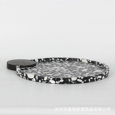 新中式簡約黑白格大理石收納託盤擺件樣板房間客廳餐桌茶几水果盤