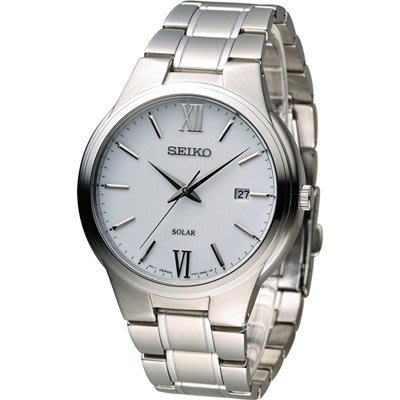 【金台鐘錶】SEIKO 精工 銀白色 SNE385P1太陽能SOLAR 羅馬簡約時尚鋼帶錶
