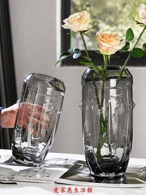 【熱賣精選】花瓶 玻璃花瓶 水培花瓶輕奢花瓶創意擺件玄關樣板房餐桌客廳手工原色玻璃人臉插花裝飾品