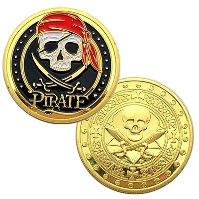 特價！法國加勒比海盜骷髏鍍金紀念章 32mm單手玩金幣海盜船海賊王硬幣