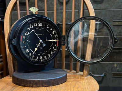 1950s 美國 Chelsea 10吋 24小時制 發條機械時鐘 掛鐘 座鐘 船鐘 全電木殼  配置原木紮實木座