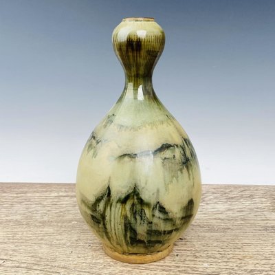 古瓷器 古董瓷器 磁州窯山水紋蒜頭瓶高31公分直徑17公分編號2006200300-23705