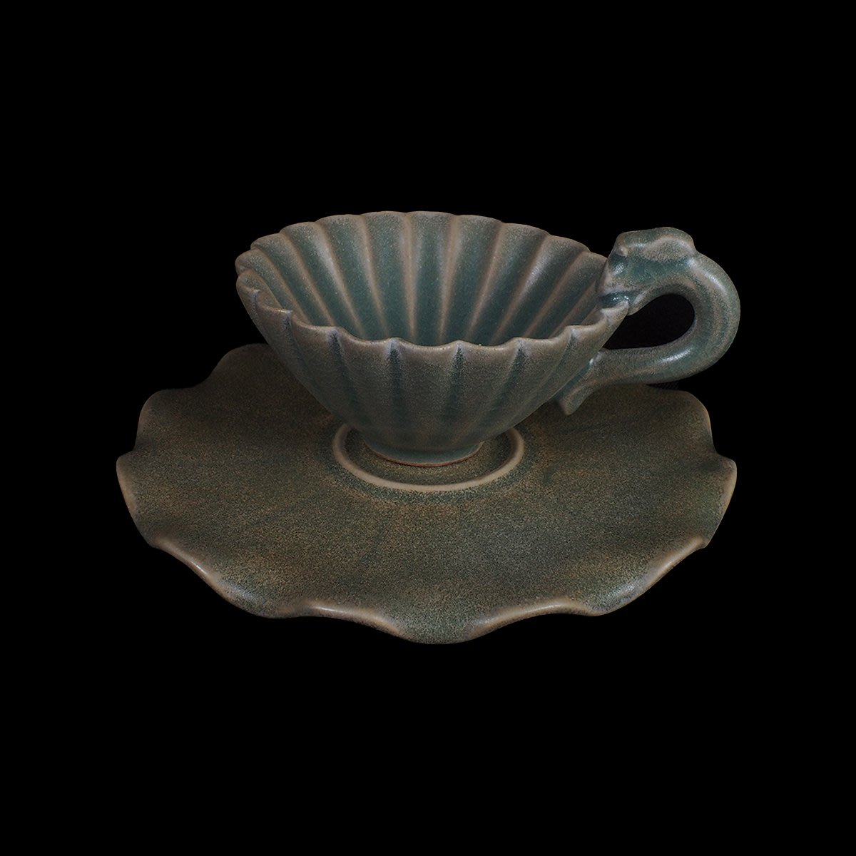 《博古珍藏》宋．汝窯青瓷花口盞托．早期收藏．老件茶杯瓷器