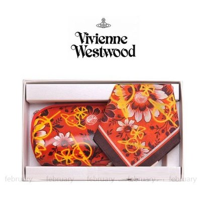 february 小舖 - [全新真品] VIVIENNE WESTWOOD塗鴉花朵行星化妝包禮盒(橘紅)帕領巾眼鏡盒