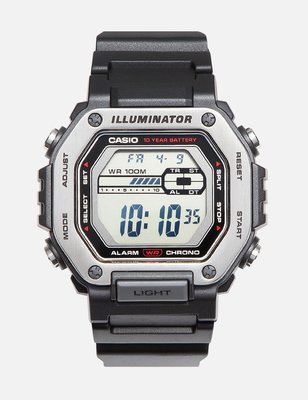 【金台鐘錶】CASIO卡西歐 10年電力 不鏽鋼外殼 (橡膠錶帶) (銀框) 運動錶 金屬風質感 MWD-110H-1A