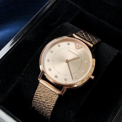 EMPORIO ARMANI 香檳金色錶盤 不鏽鋼米蘭編織錶帶 石英 女士手錶 AR11129