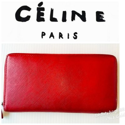 賽琳 CELINE 席琳 紅色長夾 防刮拉鍊皮夾證件夾 方型手拿包 錢包$248 一元起標 有LV