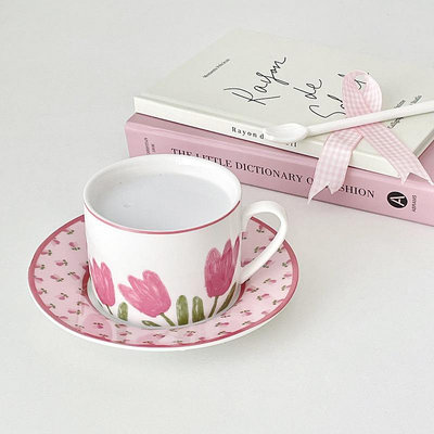 慢如舊-粉色郁金香陶瓷咖啡杯碟套裝ins韓國法式下午茶高級感杯子
