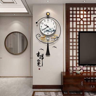 熱銷 美世達新中式鐘表掛鐘客廳家用時尚2022新款創意壁掛時鐘燈裝飾表*
