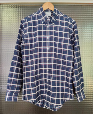 美國紐約百年品牌 Brooks Brothers 1818 深藍色牛津布純棉格子格紋休閒長袖襯衫上衣