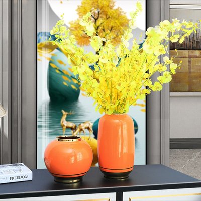 擺件 輕奢花瓶擺件客廳陶瓷插花餐桌現代北歐大橙色玄關家居飾品樣板房