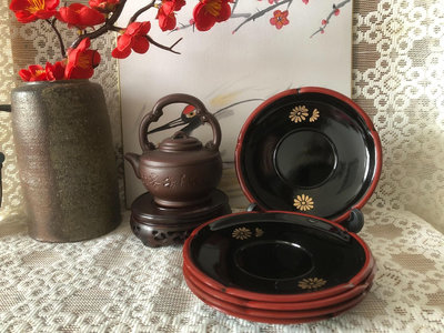 日本回流，金蒔繪樹脂胎漆器茶托，直徑12.5cm，一盒5片總