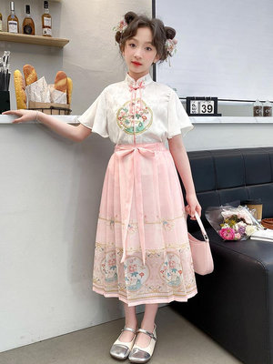 中大女童夏裝新中式短袖馬面裙套裝兒童中國風古風漢服夏季8歲9潮-瑞芬好物家居