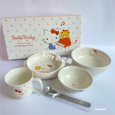 [Kitty 旅遊趣] Hello Kitty 陶瓷餐具禮盒 凱蒂貓 小愛心 餐具5件組 送禮 禮物 收藏