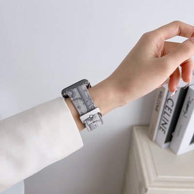 gaming微小配件-適用於Apple Watch 1-8代 SE錶帶 迪奧帆布拼皮錶帶 蘋果Watch新款時尚錶帶-gm