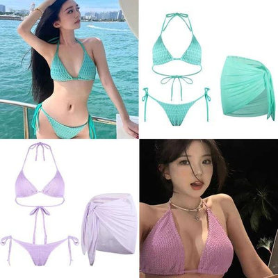 ? 【促銷~】?? 三亞度假比基尼泳衣女三件式帶裙子性感小胸集中爆乳綠色分體泳裝紫色