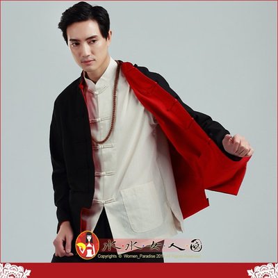 中國風男士唐裝 復古中式男裝書卷氣質棉麻上衣男雙面可穿長袖外套-黑配紅-水水女人國