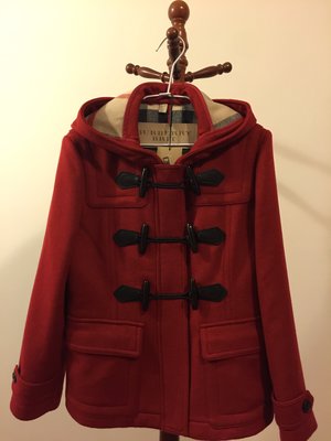 Burberry 女 經典紅色連帽牛角扣內裡格紋羊毛大衣外套~全新真品~ 100%羊毛