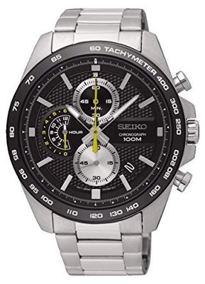 【金台鐘錶】SEIKO 精工 不鏽鋼錶帶 三眼計時男錶 防水100米 (黑框黃針) SSB261P1