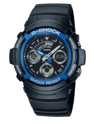 【萬錶行】CASIO G SHOCK 雙顯錶 霧黑藍圈 AW-591-2A