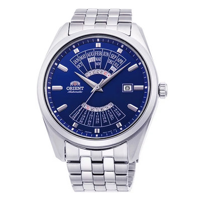 【台南 時代鐘錶 ORIENT】東方錶 RA-BA0003L 日期星期顯示 萬年曆 鋼錶帶 機械男錶 藍/銀