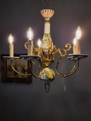 【卡卡頌  歐洲古董】義大利 浮雕瓷 全手繪 古典 吊燈 古董燈 (5燈)客廳燈 餐廳燈 臥房燈 l0406 ✬