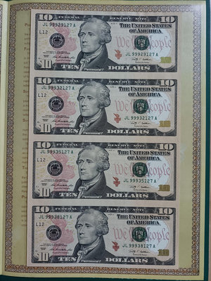 WC33 美國2009年10美元4連體鈔  帶冊子 豹子頭999  全新無折 外鈔  外國鈔票
