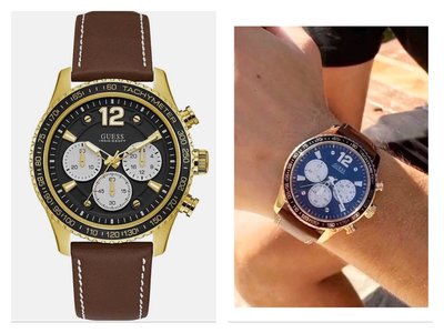 GUESS黑色錶盤 棕色皮革錶帶 石英 三眼計時 男士手錶 W0970G2